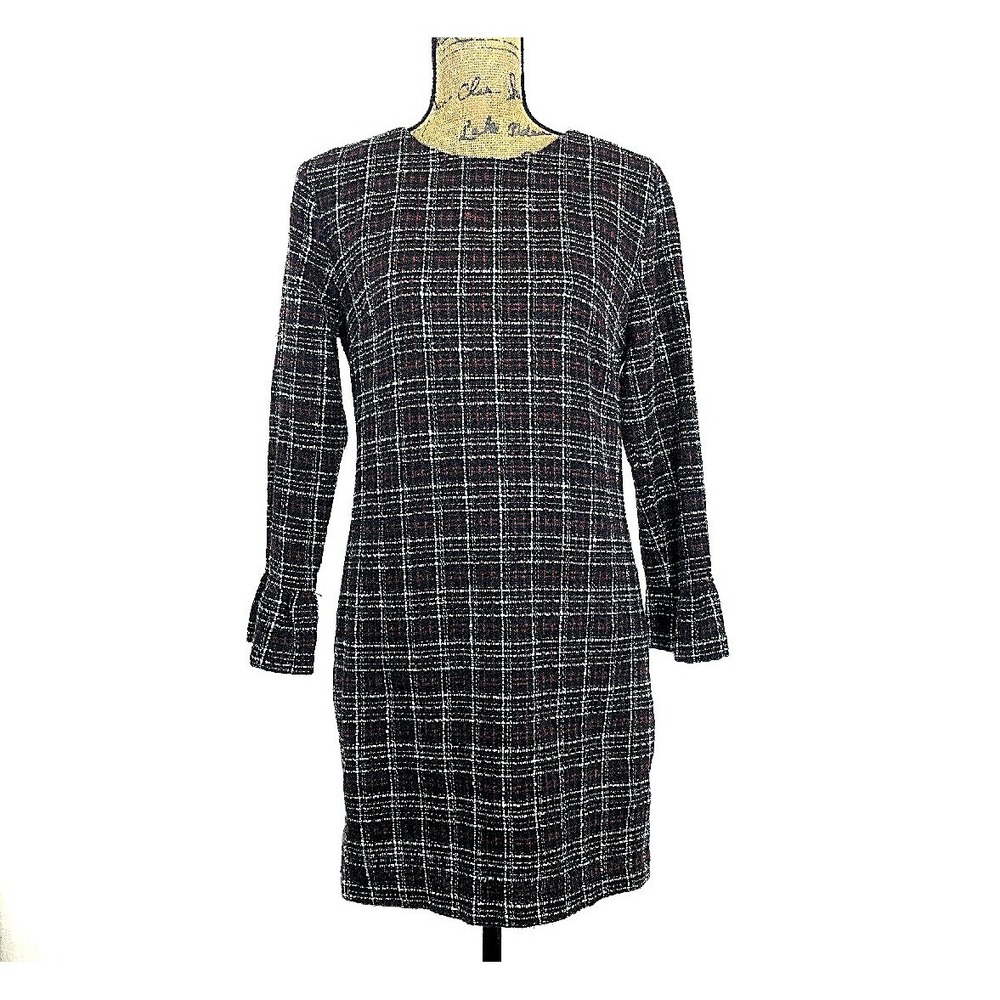 NWT CHARLIE PAIGE Dress SMALL White Black Red Tweed Plaid Bell Sl Shift Lined